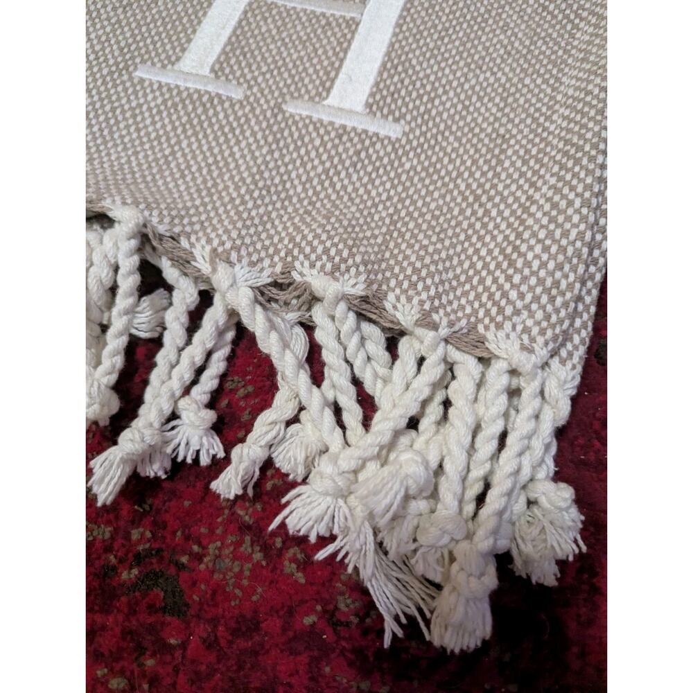 Mudpie Initial H Throw Blanket Woven Fringe 70"X50" Herringbone Monogram - Picture 6 of 11